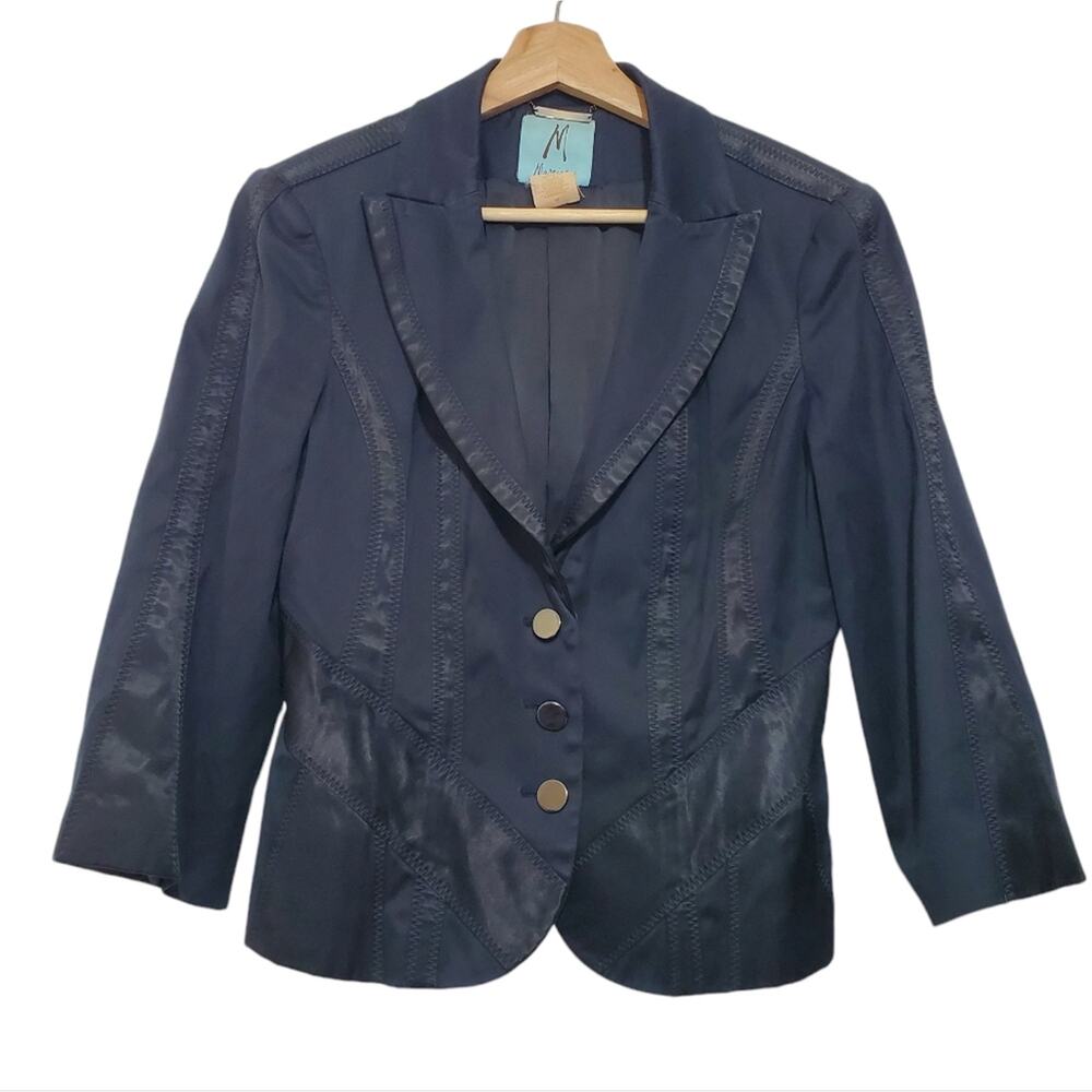 Marciano | Dark Navy Blue Fitted Tuxedo Blazer 3/4 Sleeve Black Satin Accents